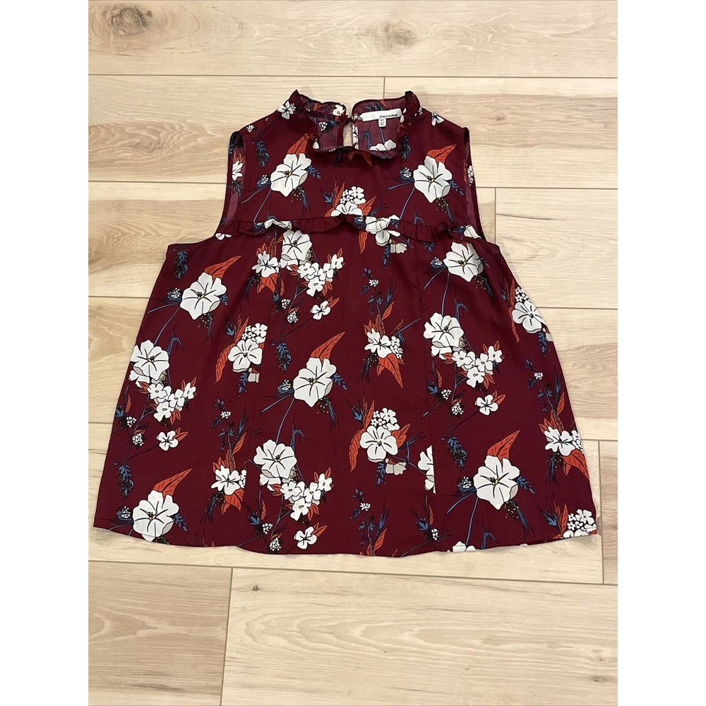 June & Hudson Sleeveless Blouse Top With Ruffle Neck Maroon Cream Floral XL EUC